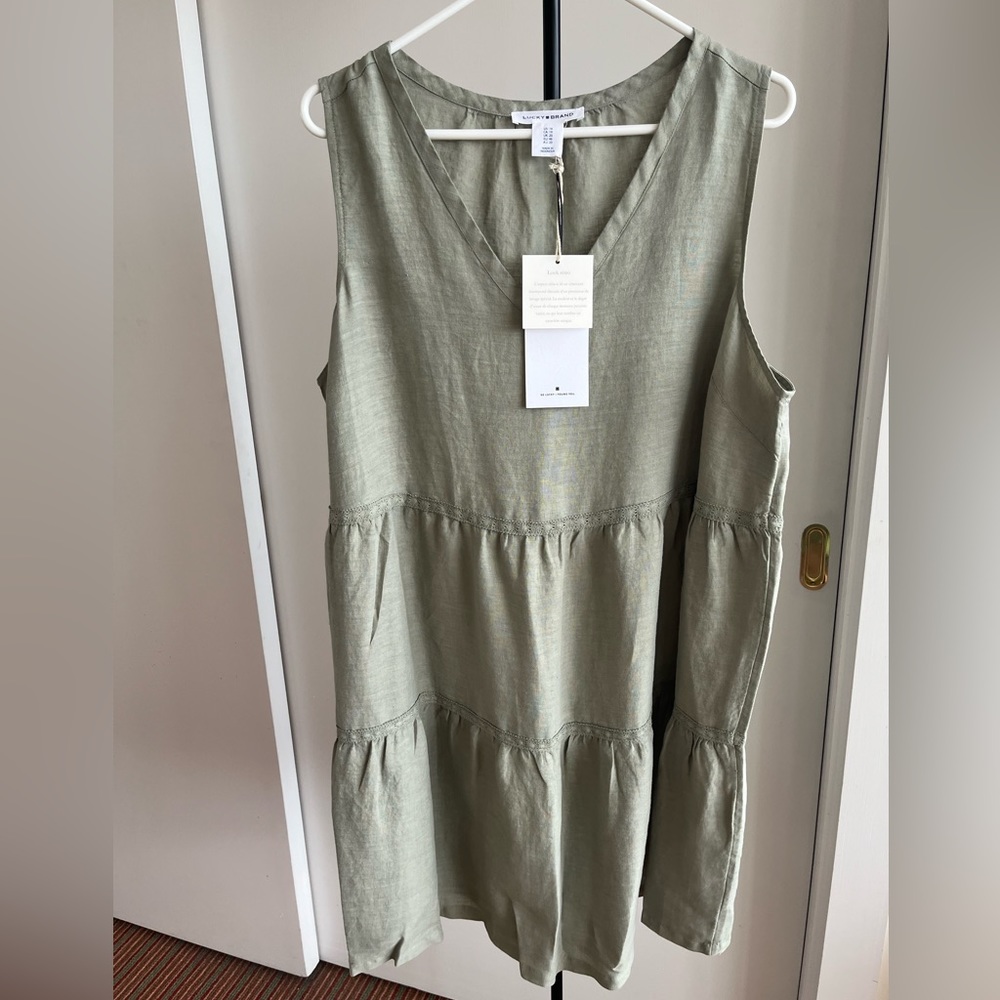 NWT Lucky Brand Jumper Shift Mini Dress 100% Linen tiered dress w crochet XL